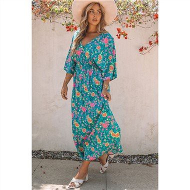 Abito lungo floreale con scollo a V profondo boho verde